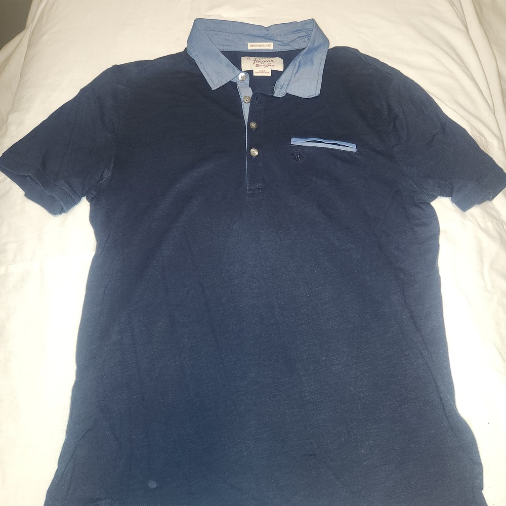 Original Penguin Mens Heritage Slim Fit Polo Shirt Navy Blue Cotton Large OP3935 - Picture 5 of 5